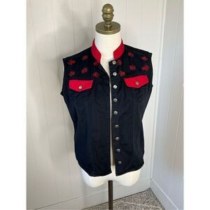 Vtg Ozark Mountain Jean Company Womens Medium Embroidered Vest Denim Blue Button